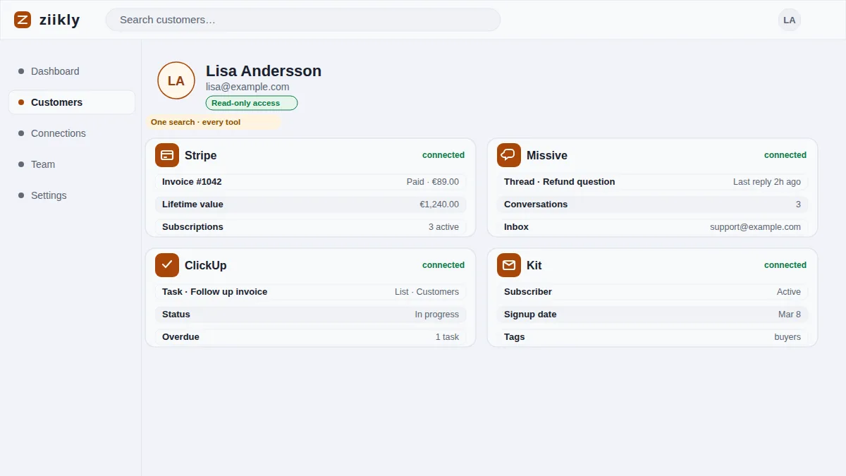 Separate tool islands joined by one customer search